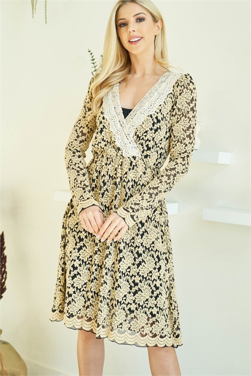 S6-9-2-D3805 BLACK CREAM CROCHET DETAILED FRONT WITH FLORAL LACE FABRIC LONG SLEEVE DRESS 2-2-2