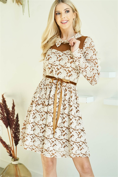 S14-8-1-D3788 BROWN CREAM COLLARED NECK WITH TIE WAIST DETAIL FLORAL LACE FABRIC LONG SLEEVE DRESS 2-2-2