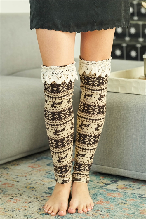 S8-14-2-L2101 BROWN CREAM WITH CROCHET DETAIL CHRISTMAS PRINT LEG WARMER / 6PCS