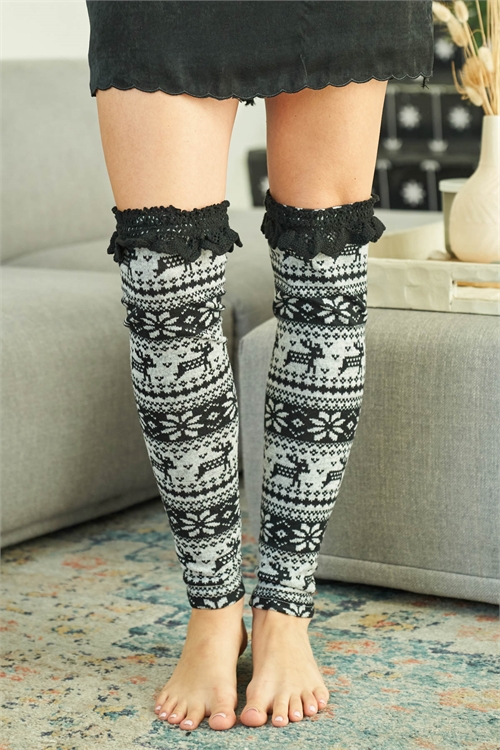 S13-1-3-L2101 BLACK CREAM WITH CROCHET DETAIL CHRISTMAS PRINT LEG WARMER 3-3 (NOW $ 1.00 ONLY!)