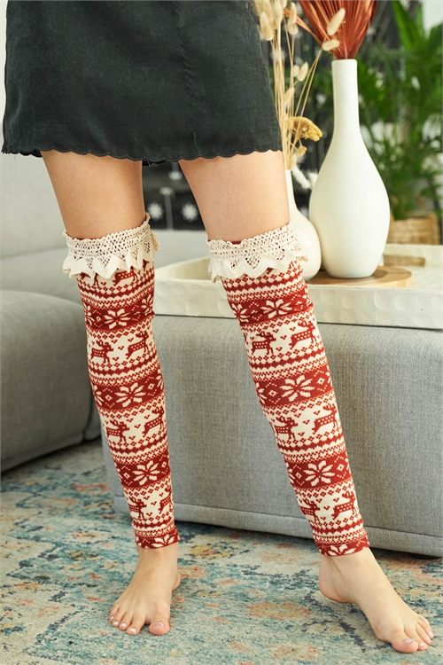 S13-1-3-L2101 RED CREAM WITH CROCHET DETAIL CHRISTMAS PRINT LEG WARMER 3-3