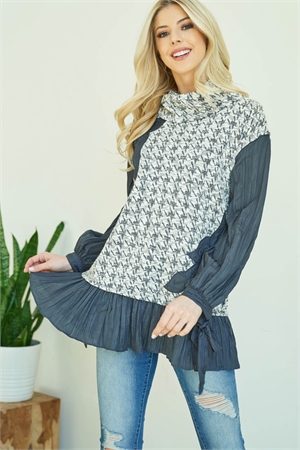 S11-6-3-T5954 GRAY TURTLE NECK HOUNDSTOOTH DETAIL LONG SLEEVE TOP 2-2-2