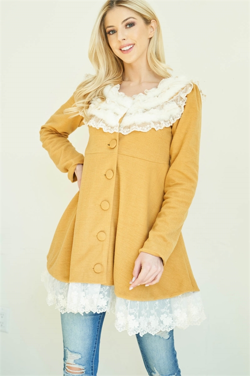 S9-20-4-J4093 MUSTARD LACED & FAUX FUR DETAIL FRONT BUTTON DOWN FLORAL LACE BOTTOM TOP 2-2-2