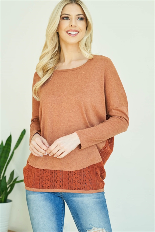 S10-18-5-T5825 RUST ROUND NECK CHROCHET DETAILED BACK LONG SLEEVE TOP 1-2