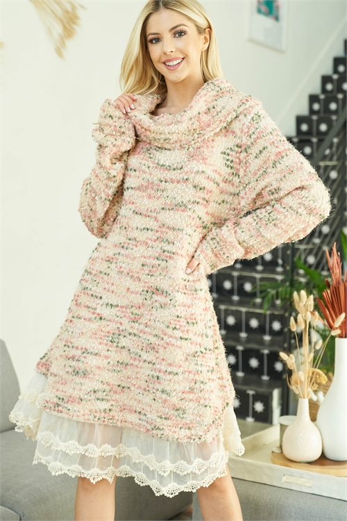 S14-7-2-D3769 PINK COWL NECK LACE BOTTOM DETAIL KNITTED LONG SLEEVE DRESS / 3PCS (NOW $4.00 ONLY!)