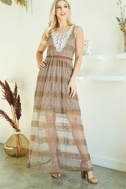 S12-1-1-D3862 BROWN SCOOP NECK CROCHET DETAIL WITH BELT SLEEVELESS DRESS 2-2-2