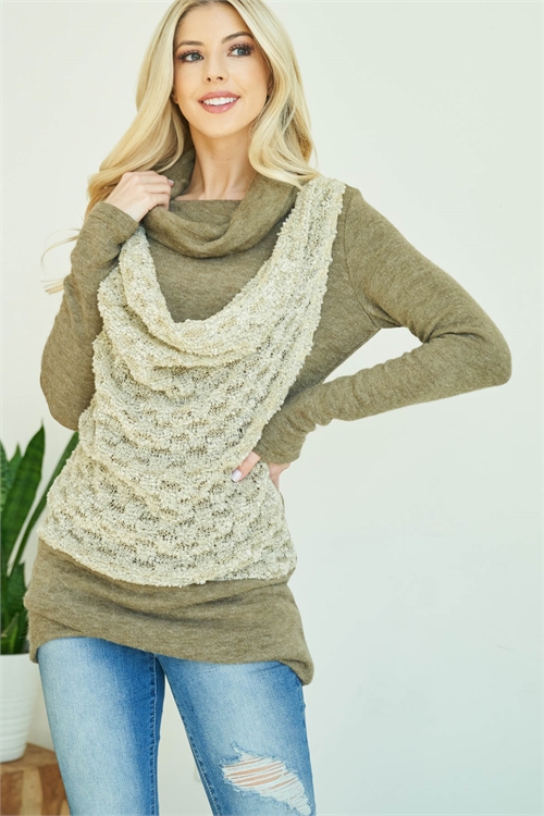 S9-4-1-D3647 TAUPE COWL NECK WITH DETAILED DRAPE FRONT LONG SLEEVE TOP 2-2-2