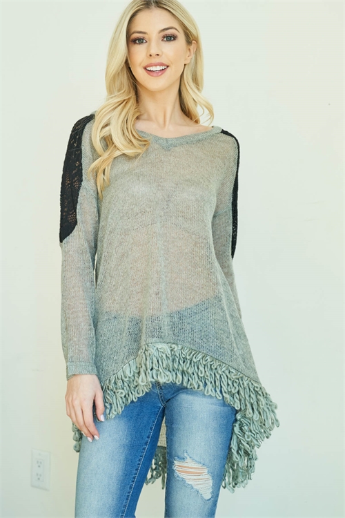 S9-5-2-T59963 HEATHER GRAY V-NECK CROCHET DETAILED SHOULDER BOTTOM FRINGE ASYMETRIC TOP 2-2-2 (NOW $2.00 ONLY!)