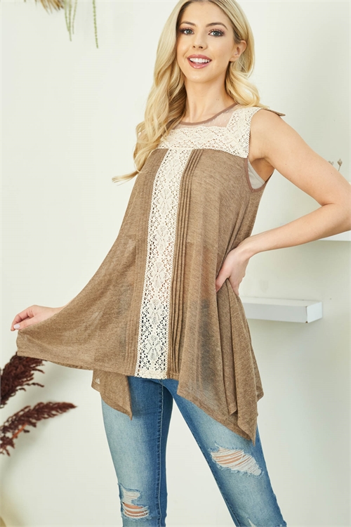 S11-10-4-T5095 BROWN ROUND NECK LACE DETAIL WITH BOW TIE ON THE BACK ASYMETRIC RUFFLE TOP 2-2-2