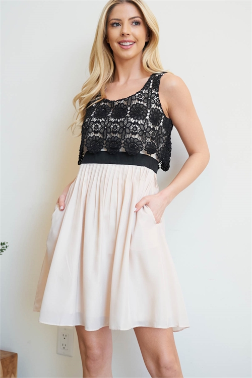 S11-9-4-D3454 BLACK CREAM ROUND NECK EMBROIDERED LACE THROUGHOUT ZIP BACK RUFFLED BOTTOM DRESS 2-2-2