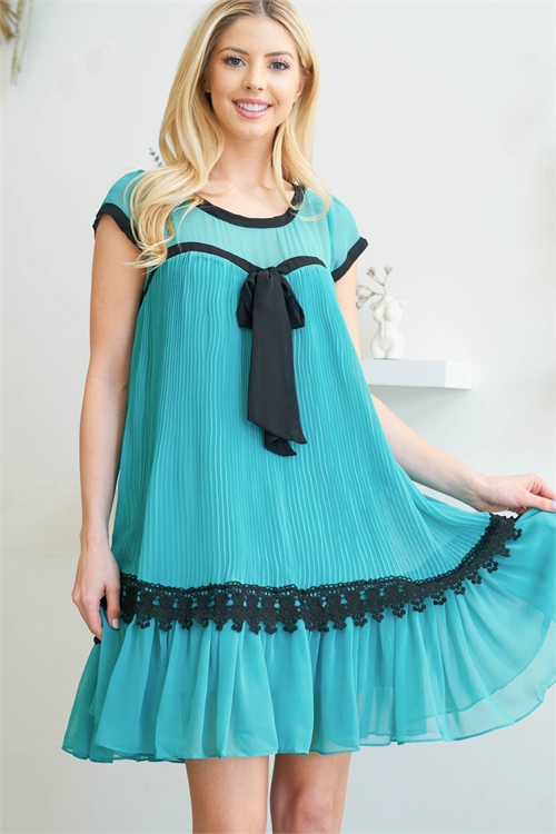 S11-19-3-D3963 TEAL BLACK ROUND NECK BOW TIE CROCHET BOTTOM DETAIL PLEATED MINI DRESS 1-1