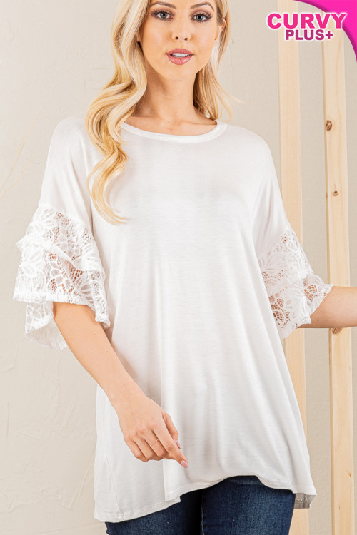 C12-A-3-ST1925-10X IVORY ROUND NECK DETAILED RUFFLED LACE SLEEVE PLUS SIZE TOP 2-2-2