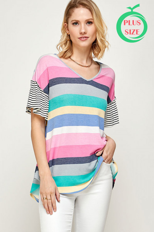 C34-A-1-MT3104C-2X PINK MULTI STRIPE V-NECK ROUND BOTTOM RAFFLE SLEEVE PLUS SIZE TOP 2-2-2