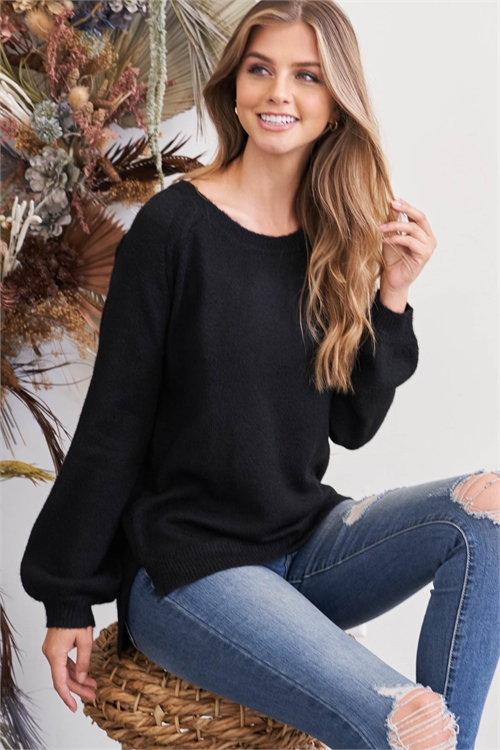 S14-8-2-YG-33 BLACK LONG RAGLAN SLEEVE ROUND NECK RIBBED KNIT AYSMETRIC SWEATER 3-3