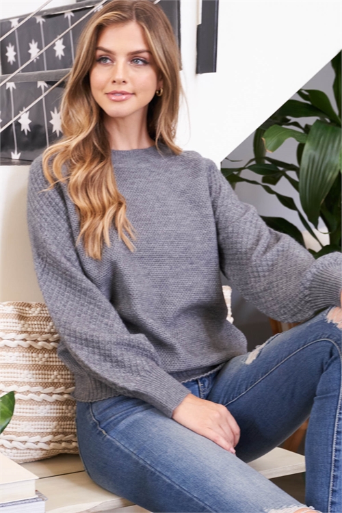 S14-2-3-YG-04 GRAY LONG RAGLAN CUFFED SLEEVE ROUND NECK RIBBED KNIT SWEATER 3-3