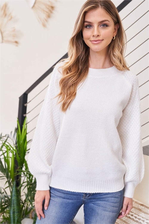 S11-4-1-YG-04 WHITE LONG RAGLAN CUFFED SLEEVE ROUND NECK RIBBED KNIT SWEATER 3-3