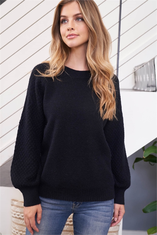 S11-7-1-YG-04 BLACK LONG RAGLAN CUFFED SLEEVE ROUND NECK RIBBED KNIT SWEATER 3-3