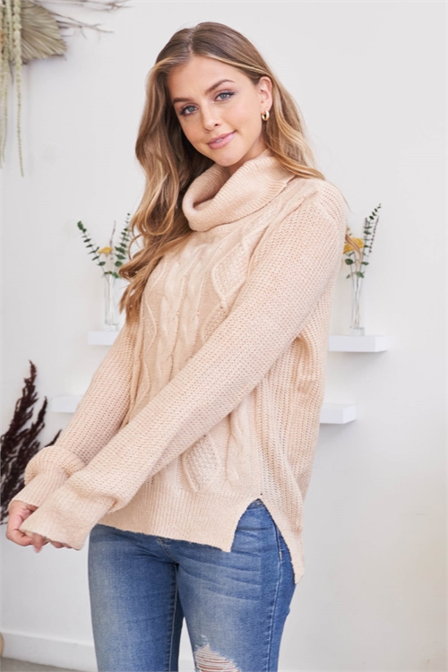 S13-6-2-YG-6 BEIGE LONG RAGLAN CUFFED SLEEVE COWL NECK WITH DETAILED FRONT KNIT SWEATER 3-3