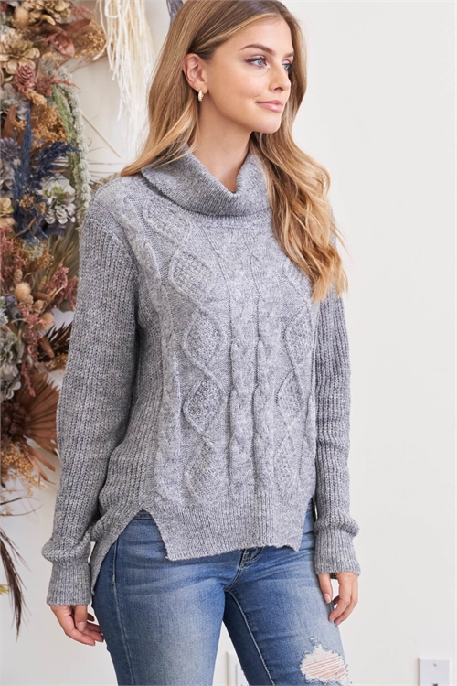 S13-6-2-YG-6 GRAY LONG RAGLAN CUFFED SLEEVE COWL NECK WITH DETAILED FRONT KNIT SWEATER 3-3