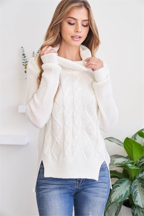 S6-1-2-YG-6 IVORY LONG RAGLAN CUFFED SLEEVE COWL NECK WITH DETAILED FRONT KNIT SWEATER 3-3