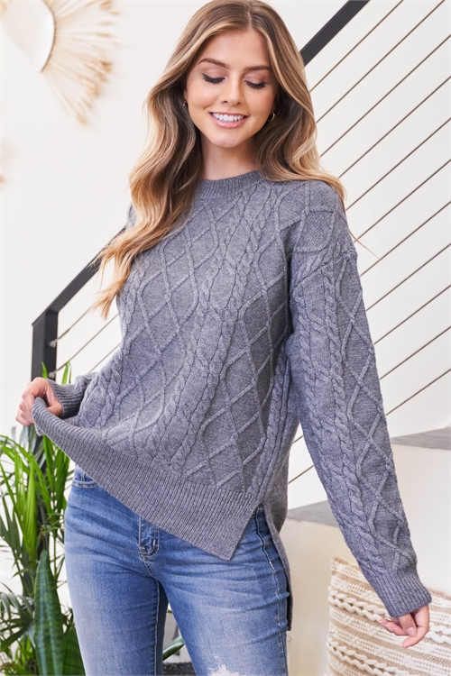 S16-4-2-YG-08-4 GRAY ROUND NECK LONG RAGLAN CUFFED SLEEVE WITH DETAILED KNIT SWEATER 3-3
