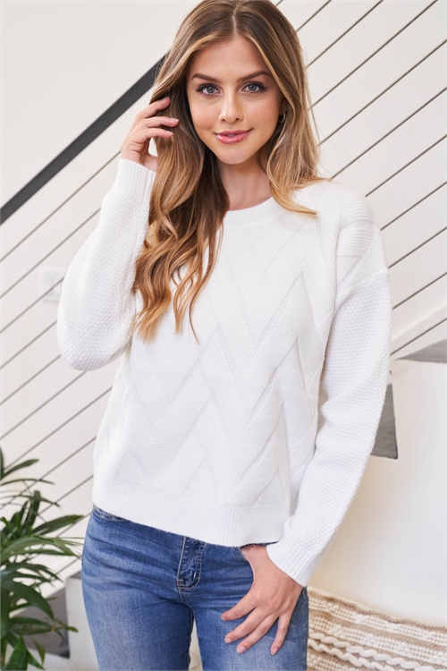 S9-13-2-YG-03 WHITE ROUND NECK LONG RAGLAN CUFFED SLEEVE WITH DETAILED CHEVRON KNIT SWEATER 3-3