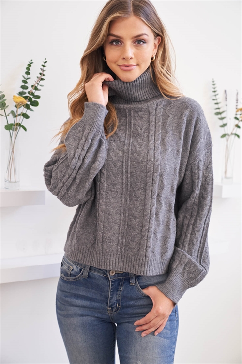 S12-5-2-YG-24-4 GRAY LONG RAGLAN CUFFED SLEEVE TURTLE NECK RIBBED KNIT SWEATER 3-3