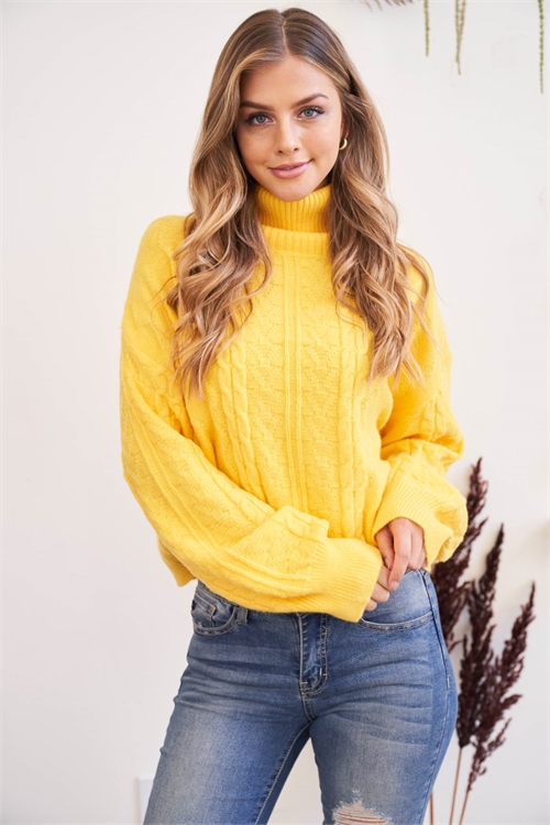 S13-4-2-YG-24-4 YELLOW LONG RAGLAN CUFFED SLEEVE TURTLE NECK RIBBED KNIT SWEATER 3-3