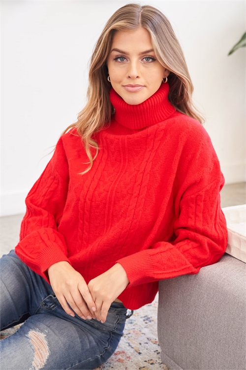 S15-2-3-YG-24-4 RED LONG RAGLAN CUFFED SLEEVE TURTLE NECK RIBBED KNIT SWEATER 3-3