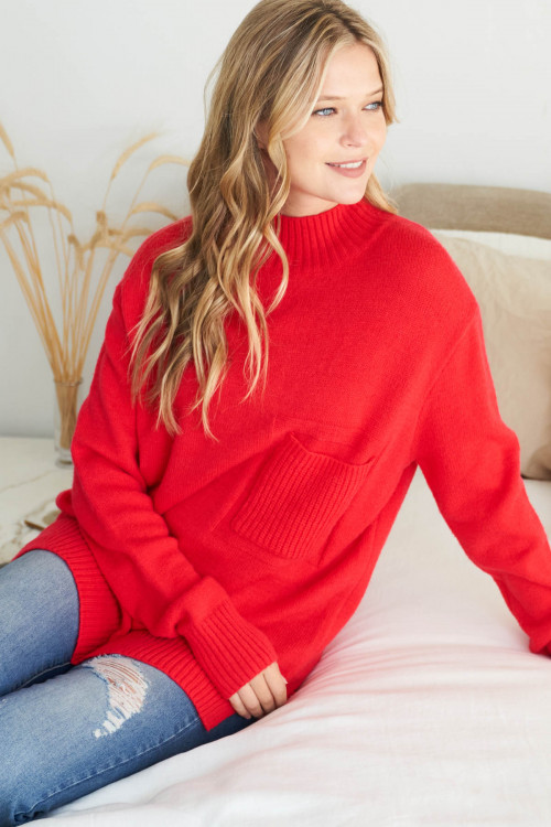 S15-3-3-YG-20-5 RED LONG RAGLAN CUFFED SLEEVE TURTLE NECK RIBBED KNIT WITH FRONT POCKET AYSMETRIC SWEATER 3-3