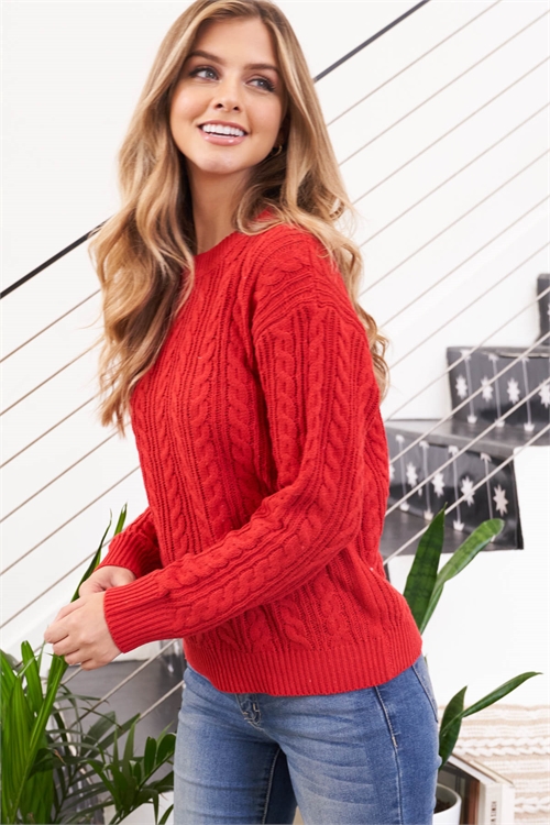 S10-8-2-YG-19 RED ROUND NECK LONG RAGLAN CUFFED SLEEVE RIBBED KNIT SWEATER 3-3