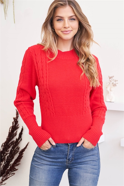 S15-4-2-YG-26-4 RED ROUND NECK LONG RAGLAN CUFFED SLEEVE RIBBED KNIT SWEATER 3-3