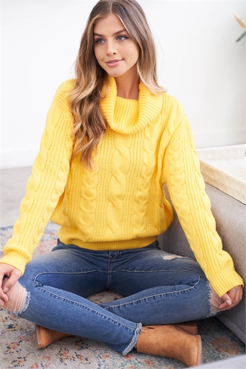 S9-1-3-YG-10 YELLOW COWL NECK LONG RAGLAN CUFFED SLEEVE DETAILED KNIT RIBBED SWEATER 3-3