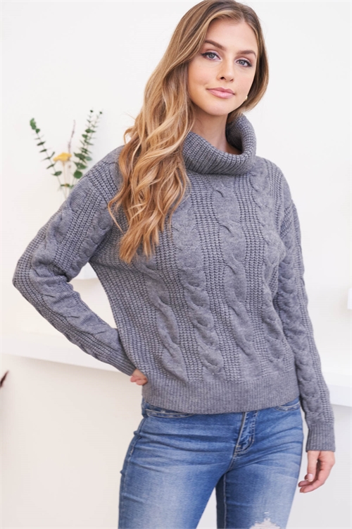 S9-3-4-YG-10 GRAY COWL NECK LONG RAGLAN CUFFED SLEEVE DETAILED KNIT RIBBED SWEATER 3-3