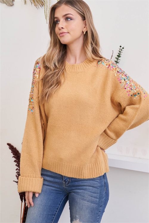 C-1-D-21 CAMEL ROUND NECK LONG RAGLAN SLEEVE WITH DETAILED SEQUINS SHOULDER RIBBED SWEATER 3-3