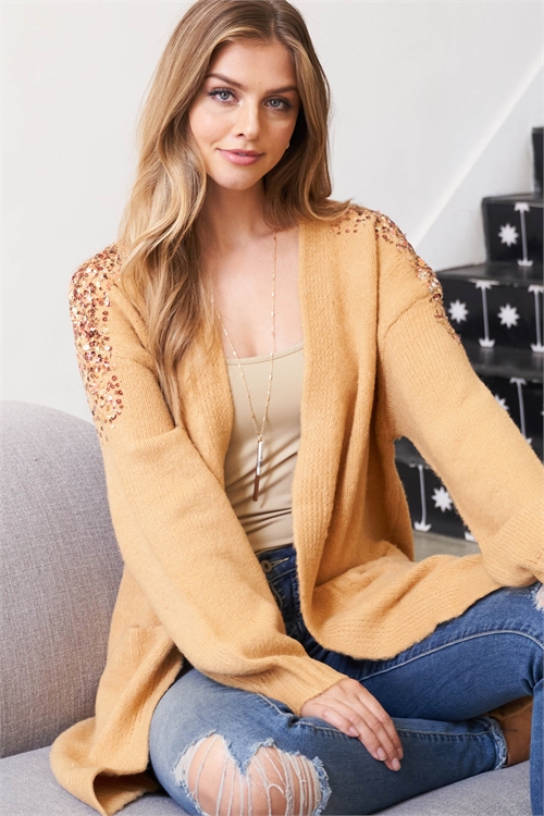 S12-9-1-D-25 CAMEL LONG RAGLAN SLEEVE WITH DETAILED SEQUINS SHOULDER AND FRONT POCKET RIBBED CARDIGAN 3-3