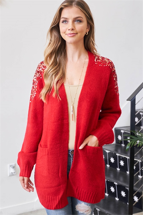 S13-9-1-D-25 RED LONG RAGLAN SLEEVE WITH DETAILED SEQUINS SHOULDER AND FRONT POCKET RIBBED CARDIGAN 3-3