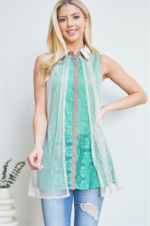 S4-3-3-T5746 JADE TAILORED NECK WITH LACE FLORAL DETAIL LACED THROUGHOUT SLEEVELESS TOP 2-2-2