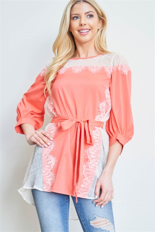 SA4-0-2-T5755 CORAL IVORY LACED DETAIL SHOULDER THROUGHOUT TIE WAIST CUFFED SLEEVE HIGH-LOW TOP 2-2-2