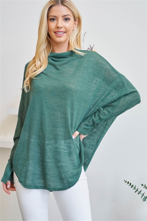 S10-6-2-T5013 DARK GREEN COWL NECK ROUND BOTTOM BATWING STYLE LONG SLEEVE TOP 2-2-2