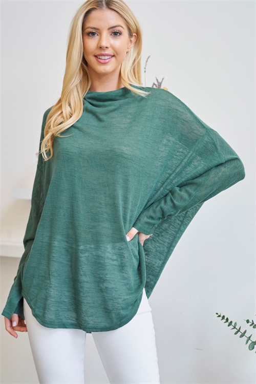 S7-2-4-T5013 DARK GREEN COWL NECK ROUND BOTTOM BATWING STYLE LONG SLEEVE TOP 2-2-1