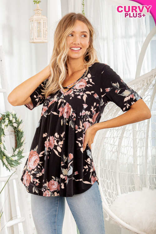 C8-A-1-ET6117-14X BLACK WITH FLOWER PRINT THROUGHOUT KEYHOLE V-NECK ROUND BOTTOM RUFFLE PLUS SIZE TOP 2-2-2