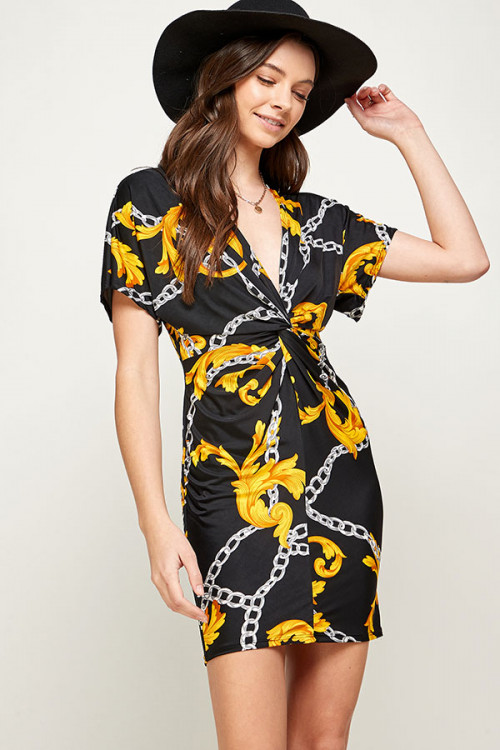 C12-A-1-MD1134 BLACK GOLD CHAIN PRINT THROUGHOUT DEEP V-NECK SURPLICE BODYCON MINI DRESS 2-2-2