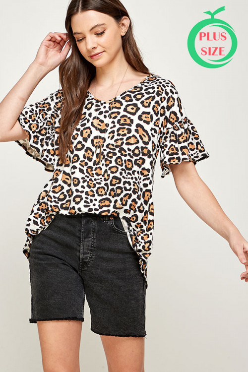 C26-A-1-MT3104-2X LEOPARD PRINT THROUGHOUT V-NECK ROUND BOTTOM RUFFLED SHORT SLEEVE PLUS SIZE TOP 2-2-2