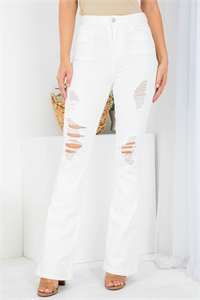 S8-4-1-J2989 WHITE DISTRESSED FRONT BUTTON & ZIP BELL BOTTOM JEANS 1-1-2-2-2-2-1-1