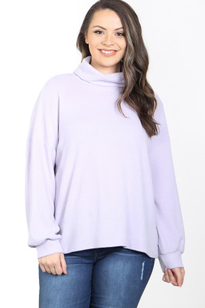 C66-A-1-T1586X LAVENDER COWL TURTLE NECK BACK V-NECK CUT CUFFED LONG SLEEVE PLUS SIZE TOP 3-2-1