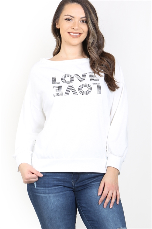 C36-A-1-T1058X WHITE "LOVE" PRINT BOAT NECKLINE CUFFED LONG SLEEVE PLUS SIZE TOP 3-2-1