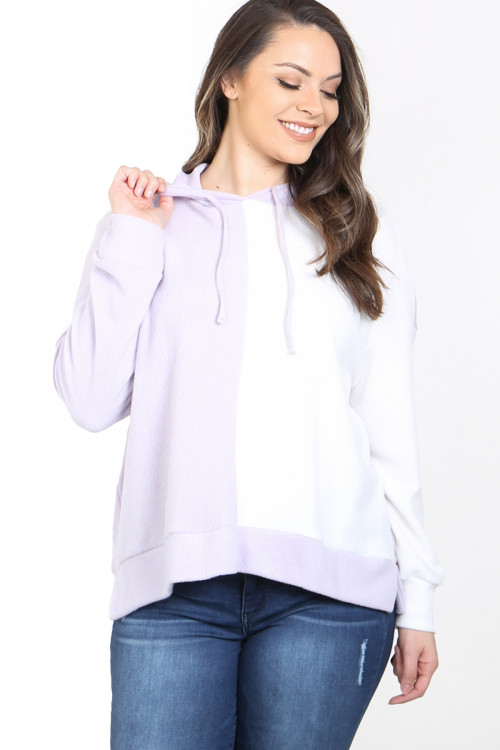 C50-A-3-H1682X LAVENDER WHITE HOODIE DRAW-STRING CUFFED HEM & SLEEVE PLUS SIZE TOP 3-2-1