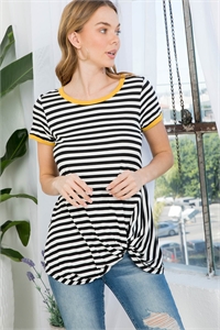 C84-A-1-T1151 BLACK MUSTARD STRIPES ROUND NECK FRONT TWIST DETAIL TOP 1-2-2