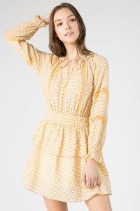 S11-6-2-D0011 MUSTARD DRAW STRING NECK DETAIL STRETCH WAIST LONG SLEEVE MINI DRESS 3-2-1 (NOW $3.00 ONLY!)
